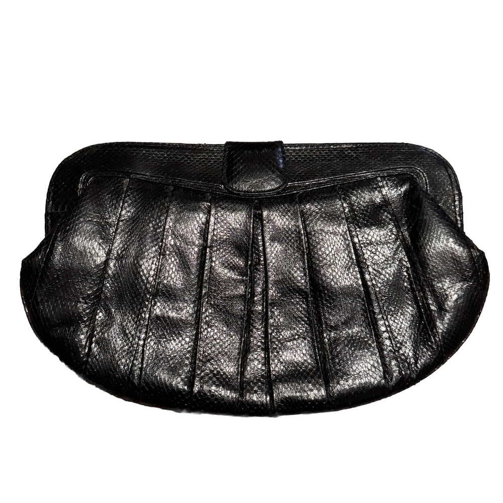 Vintage Qusala Black Snakeskin Leather Clutch Purse Made In Indonesia